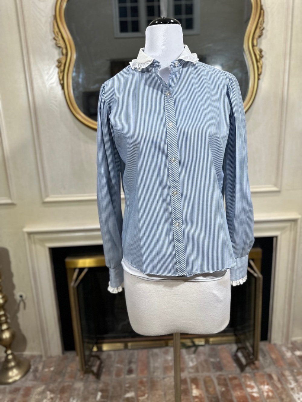 Oak Hill Vintage Blue Striped Ruffle Collar Coquette Shirt Size 14 Made in USA